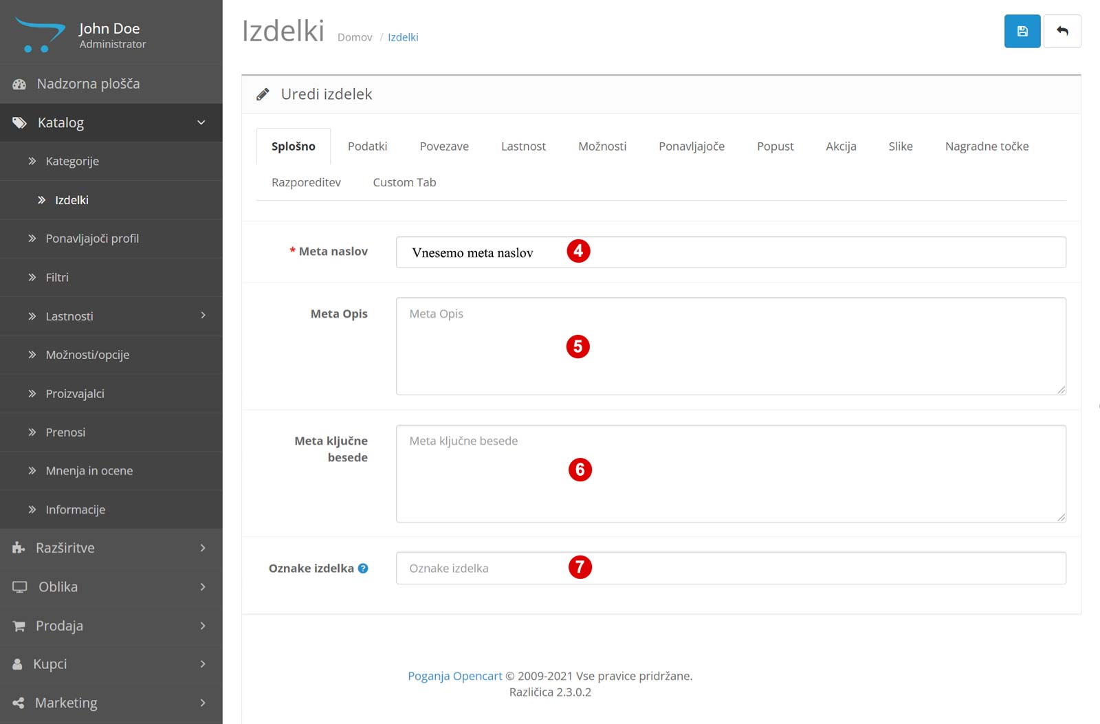 Izpolnjevanje meta podatkov o izdelku v trgovini Opencart.