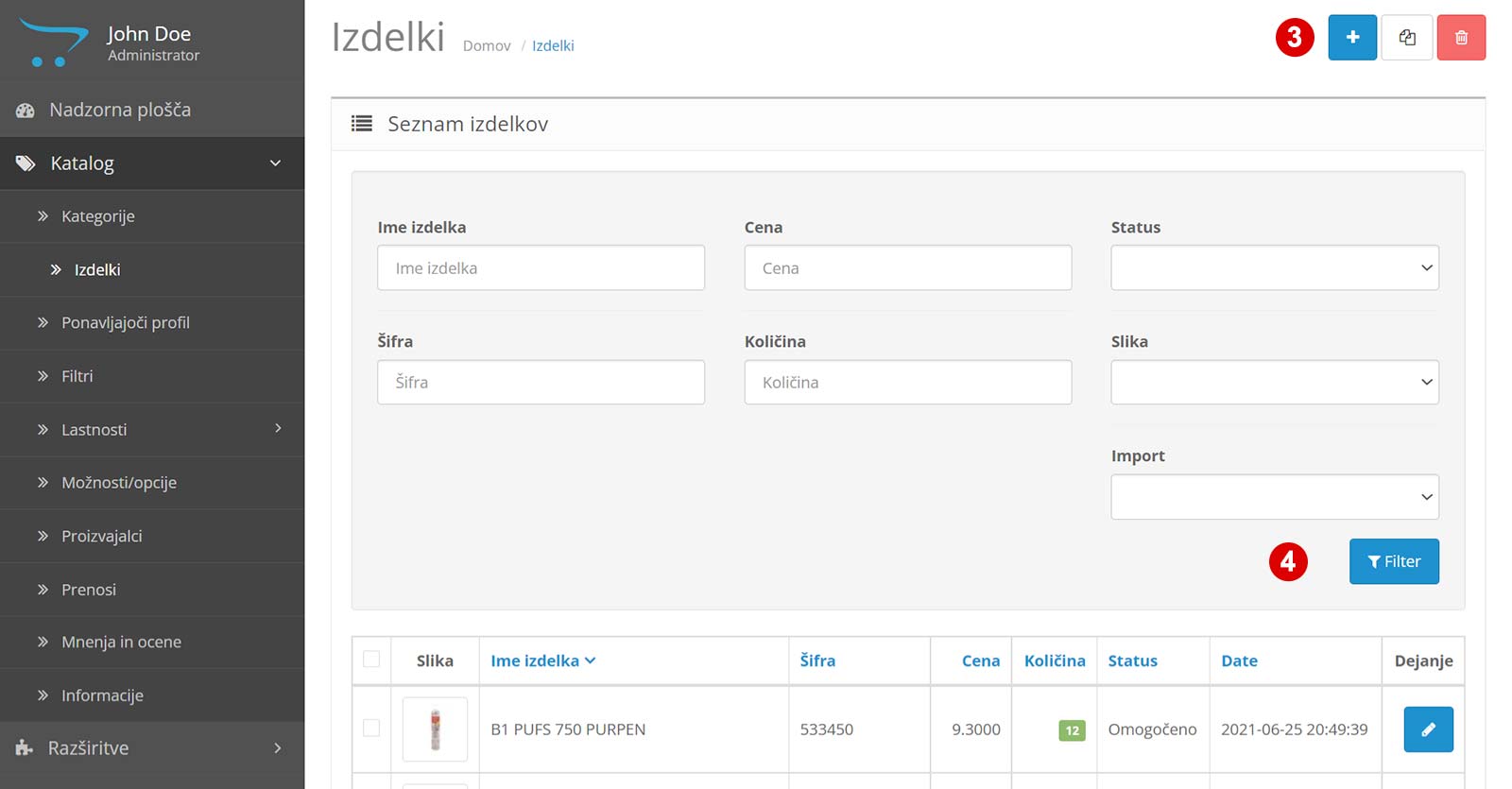Dodajanje izdelka in filtriranje izdelkov v trgovini OpenCart