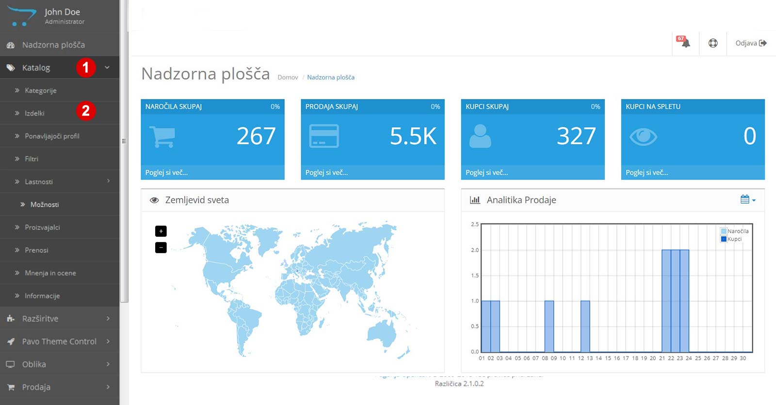 Dodajanje izdelka v trgovino OpenCart prek Katalog > Izdelki