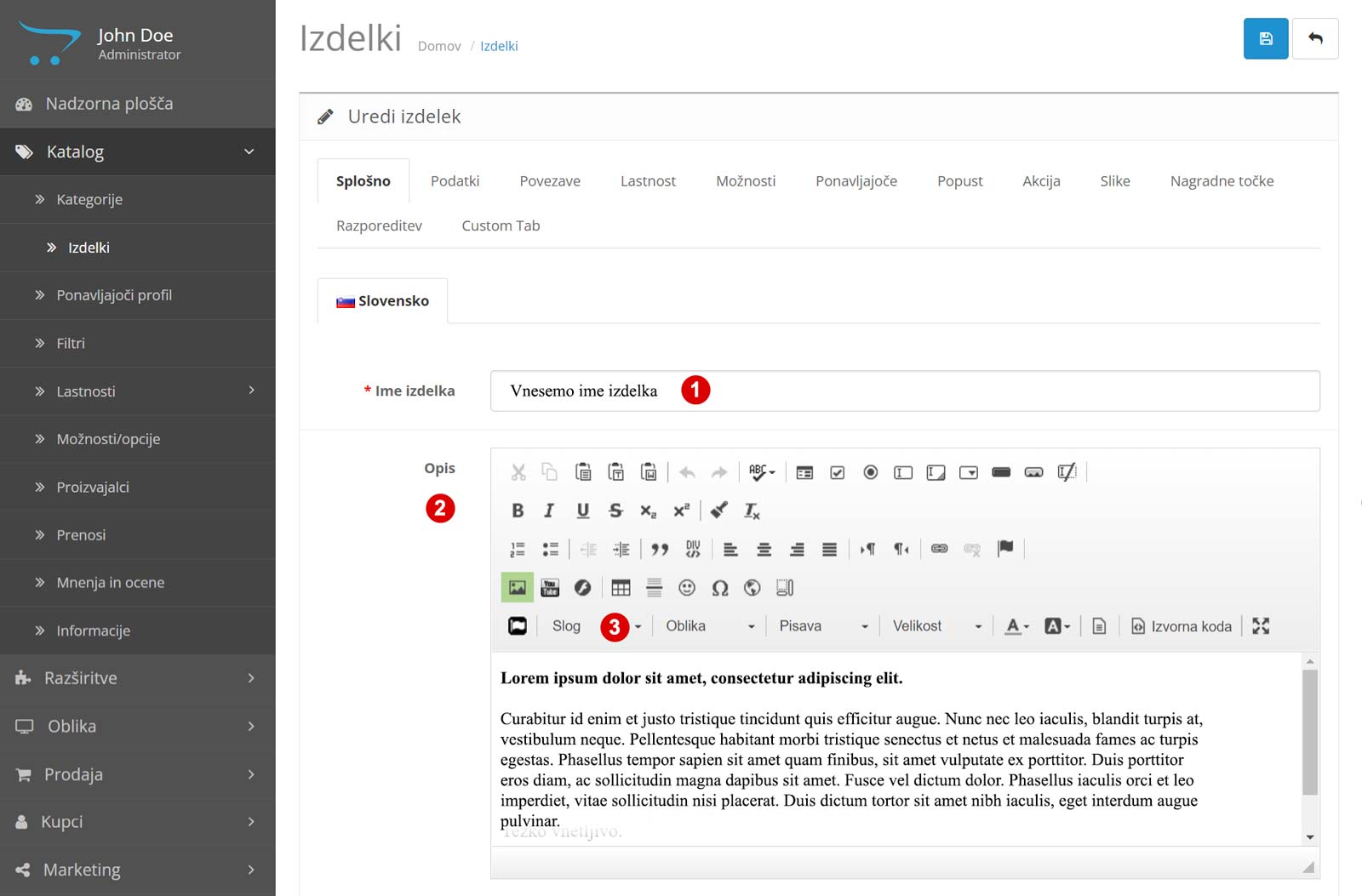 Zavihek Splošno pri dodajanju izdelka v trgovino OpenCart
