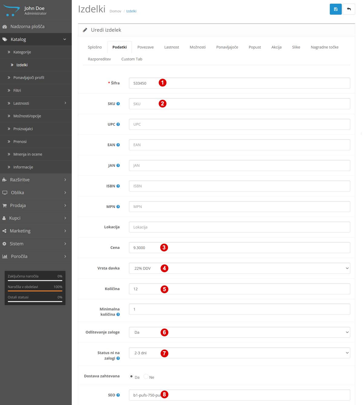 Dodajanje izdelka v trgovino Opencart - zavihek Podatki