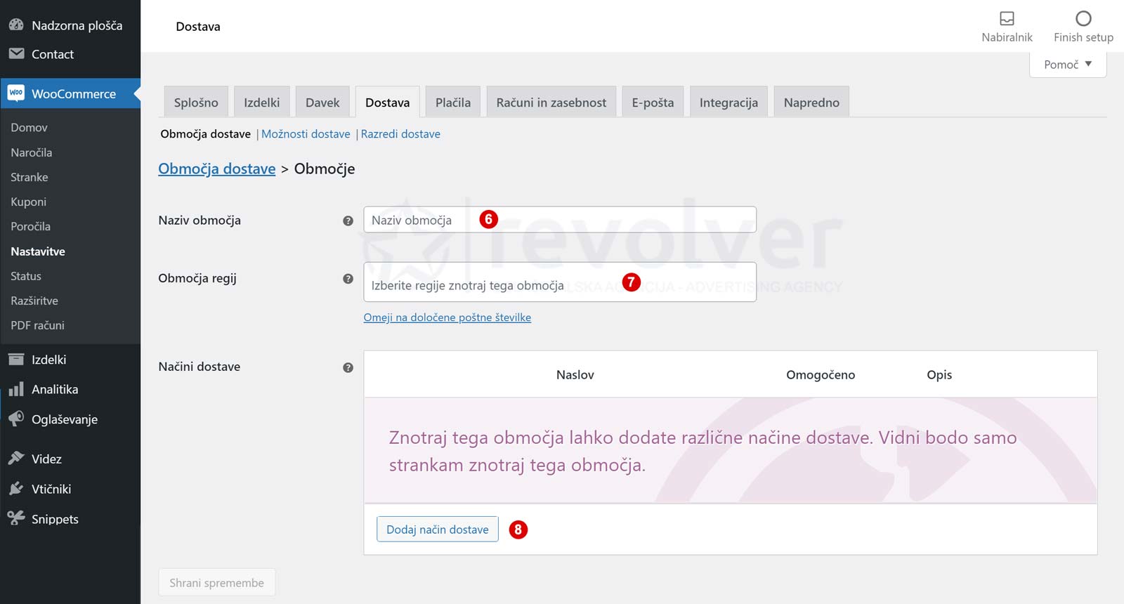 Dodajanje območja dostave za določanje stroškov poštnine in dostave.