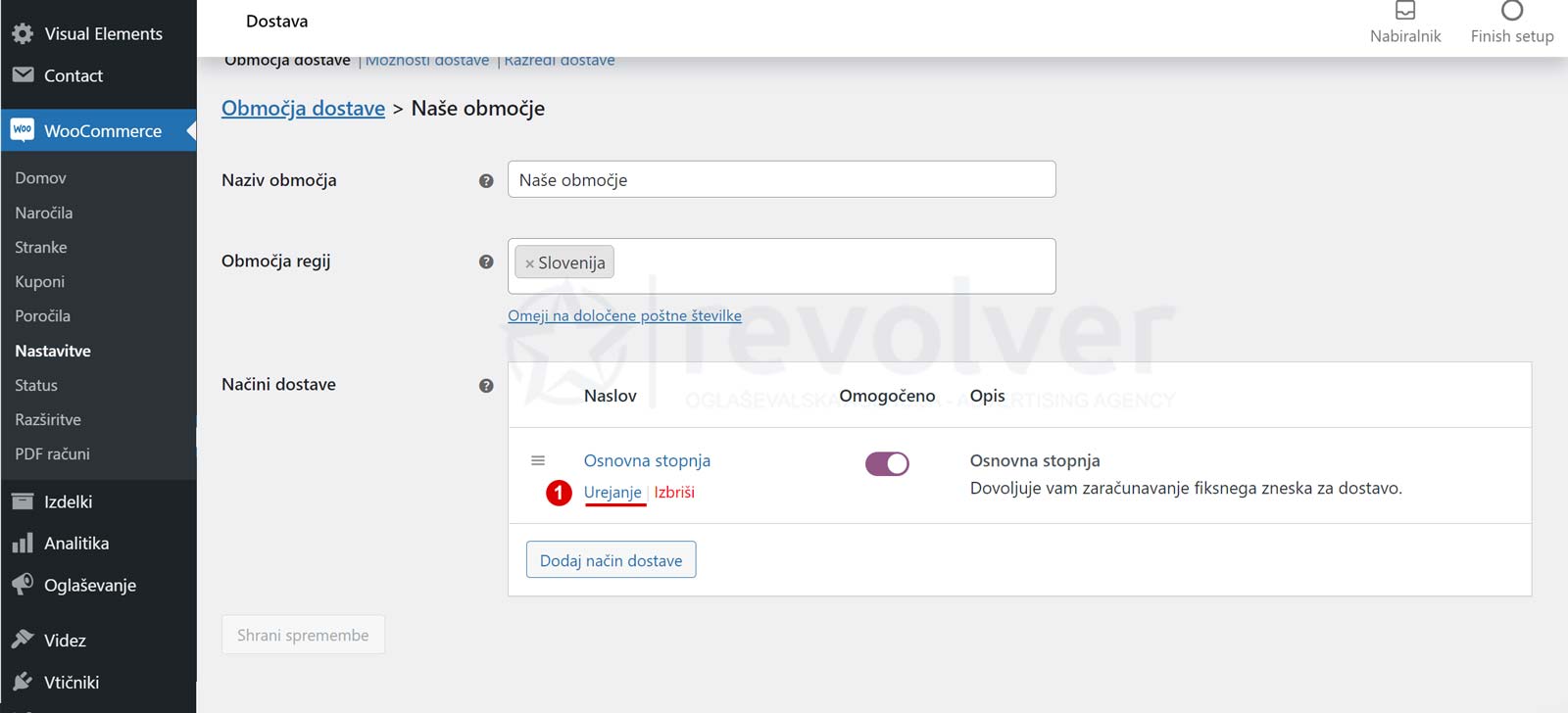 Urejamo lahko posamezen tip dostave znotraj določenega območja.