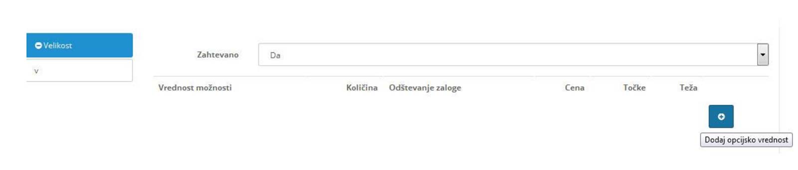 Dodajanje izdelka v trgovino OpenCart - Možnosti