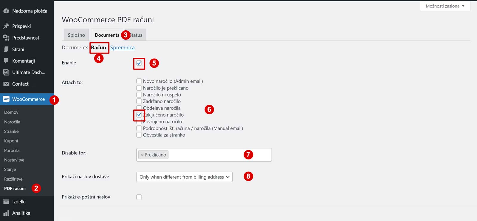 Številčenje PDF računov v WooCommerce - Omogočanje številčenja