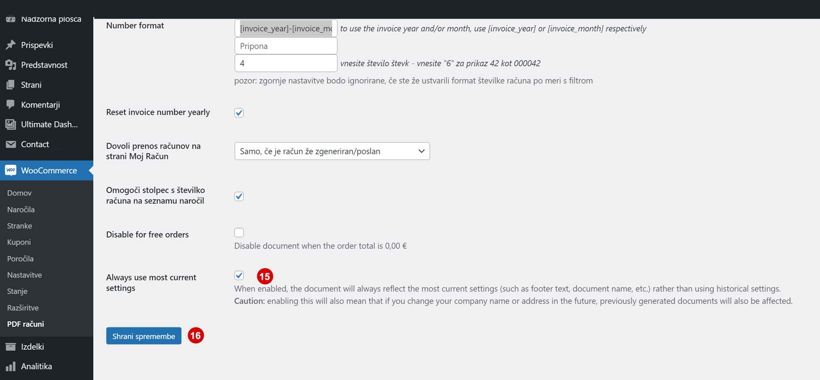 Številčenje PDF računov - uporaba najnovejših nastavitev.