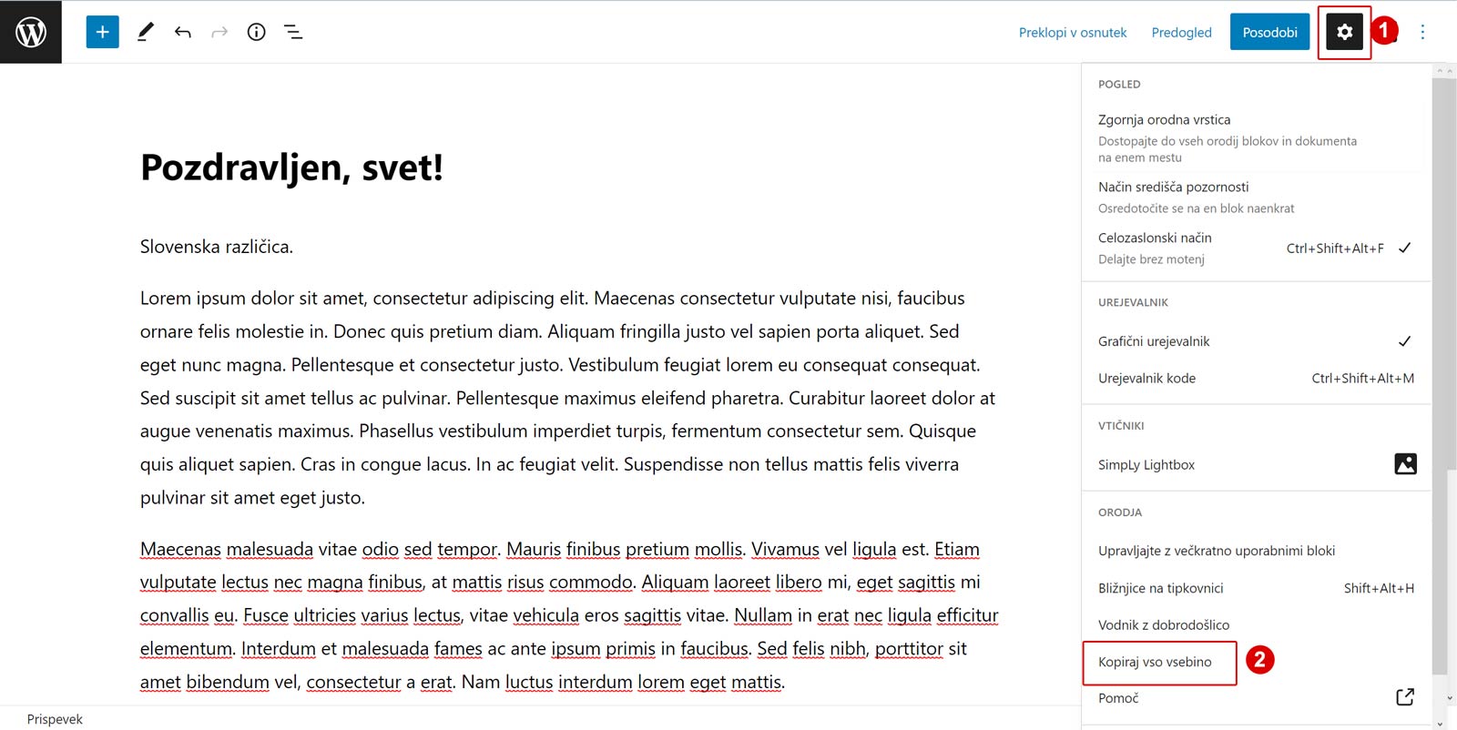 Za dodajanje prevoda strani ali prispevka najprej kopiramo vso vsebino.